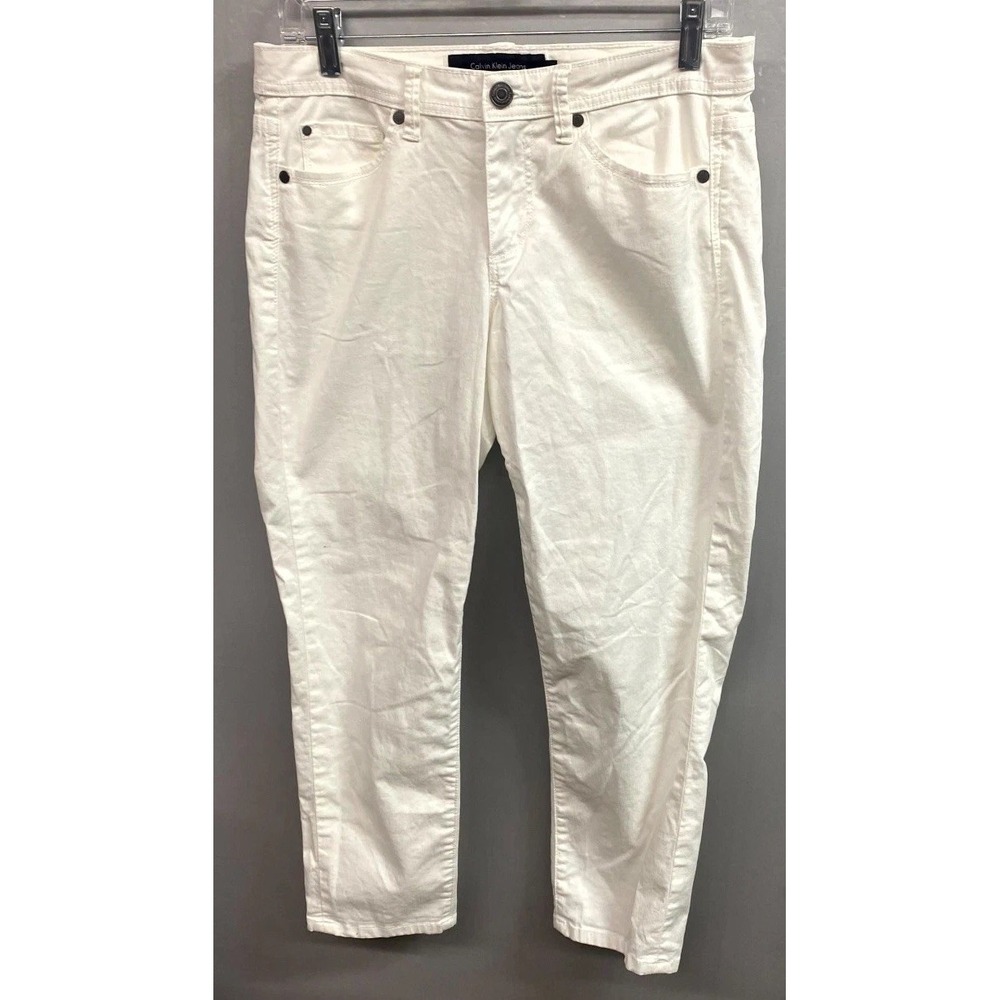 Calvin Klein Cropped Skinny Jeans Womens 8 White Light Wash Denim Stretch Logo